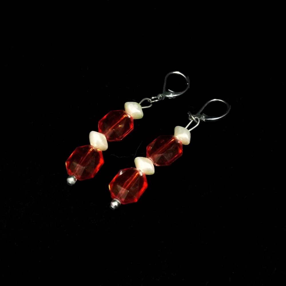 Red double bead drop earrings